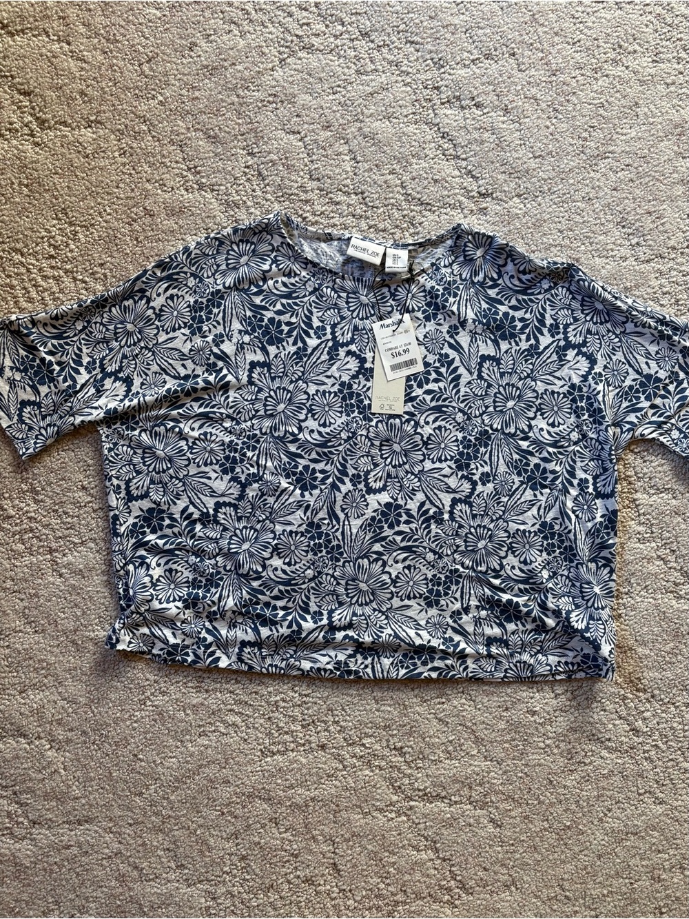 Rachel Zoe Navy and White Floral Short-Sleeve Crop Top